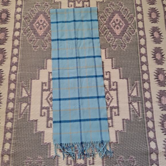 100% Cashmere Made in Scotland Blue & Yellow Plaid Rectangular Scarf w Fringes - Picture 5 of 6